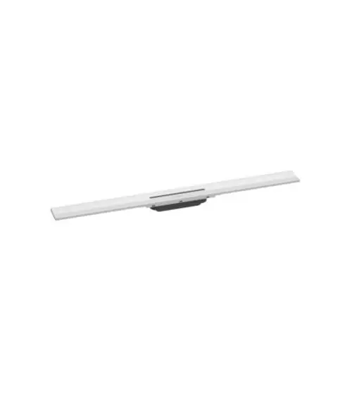 Weißes Duschrinnen-Set von Hansgrohe, geeignet zur Wandmontage, mit flexibler Länge und schmalem Design für die Integration in Duschen.